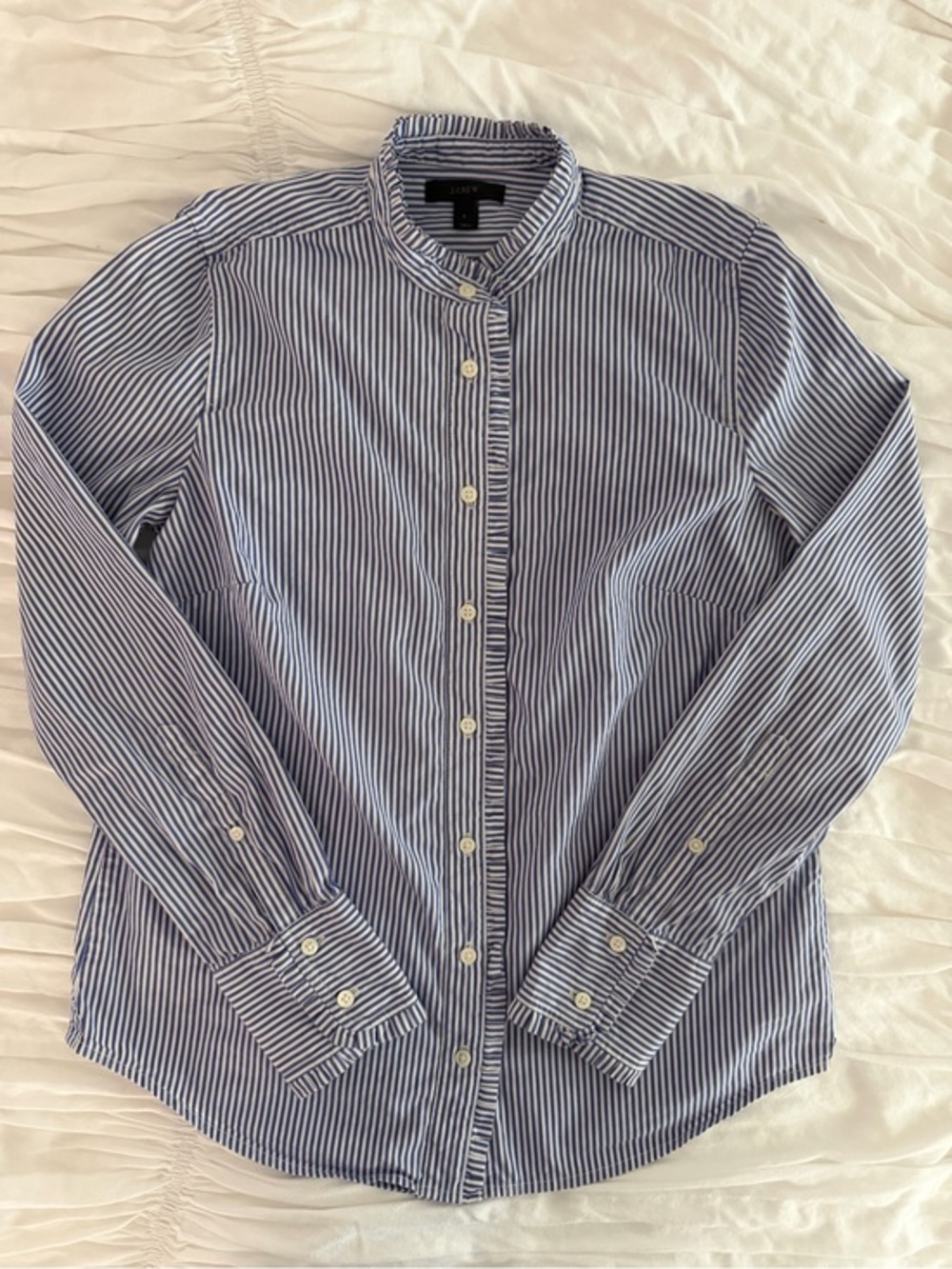J.Crew Blue & White Striped Ruffle Collar Button Down Shirt Size 2